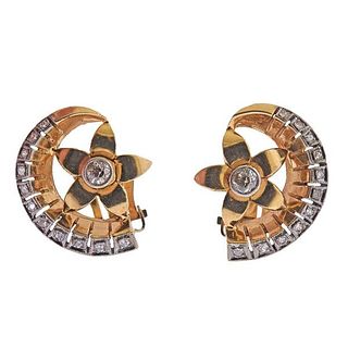 Retro Mid Century 14K Gold Diamond Earrings