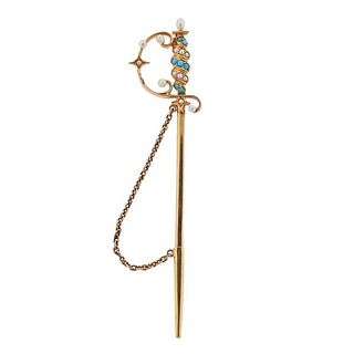Antique 14K Gold Turquoise Pearl Sword Stick Pin