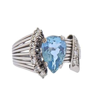 Mid Century Platinum Diamond Aquamarine Ring