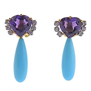18K Gold Diamond Amethyst Blue Stone Drop Earrings