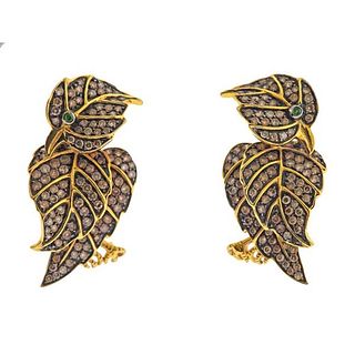 18K  Gold 3.50ctw Fancy Diamond Leaf Bird Earrings
