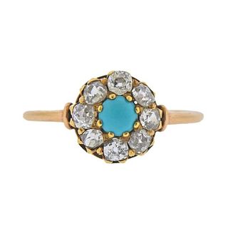 Antique 14K Gold Diamond Turquoise Ring