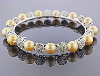 18K Gold 6.24ctw Diamond Pearl Bangle Bracelet