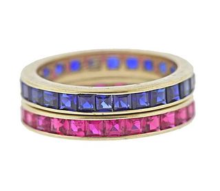 14k Gold Red Blue Stone Eternity Band Ring Set