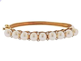  14K Gold Diamond Pearl Bangle Bracelet