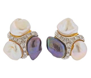 18K Gold Diamond Baroque Pearl  Earrings