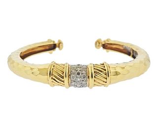 18K Hammered Gold Diamond Cuff Bracelet