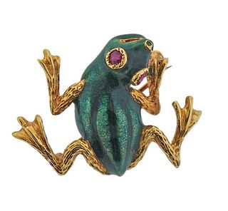 18K Gold Enamel Ruby Frog Brooch Pin
