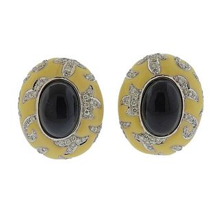 Italian 18k Gold Diamond Black Onyx Enamel Oval Earrings