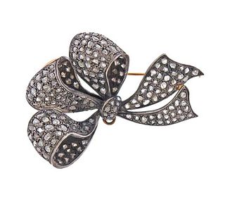 18K Gold Silver Rose Diamond Bow Brooch Pendant