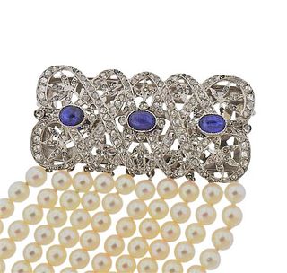 14K Gold Diamond Pearl Blue Stone Multi Strand Bracelet