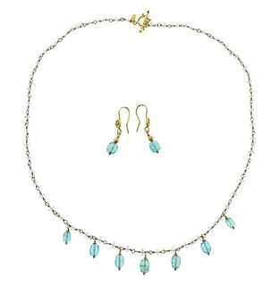 18K Gold Aquamarine Rock Crystal Necklace Earrings Set