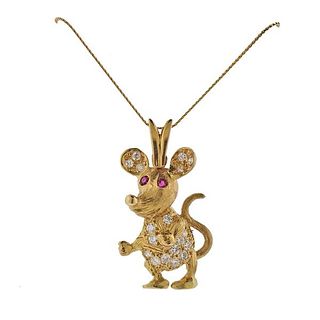 14k Gold Diamond Ruby Mouse Pendant Necklace 