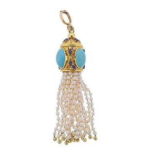18k Gold Pearl Diamond Turquoise Sapphire Tassel Pendant 