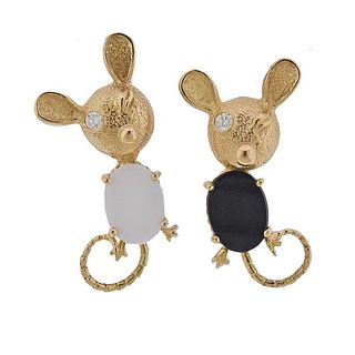 Whimsical 14k Gold Onyx Agate Diamond Mouse Earrings 