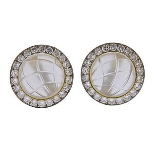 18k Gold Carved Crystal Diamond Button Earrings 