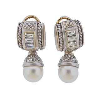 Judith Ripka 18k Gold Diamond Pearl Day &amp; Night Earrings 