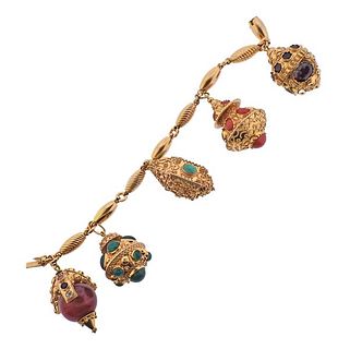 18k Gold Etruscan Style Gemstone Charm Bracelet 
