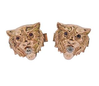 14k Gold Ruby Diamond Lion Head Cufflinks 