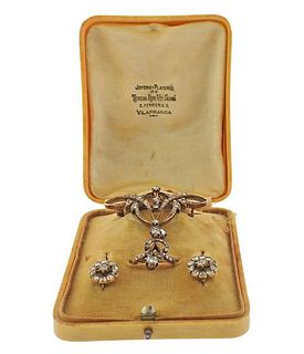 Antique 18k Gold Rose Cut Diamond Earrings Ring Brooch Set