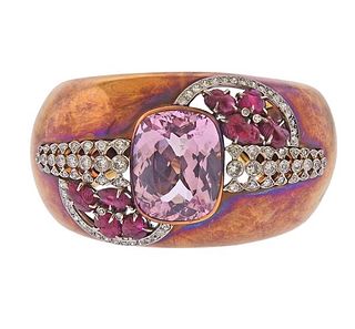 14k Gold Carved Ruby Diamond Pink Gemstone Bracelet 