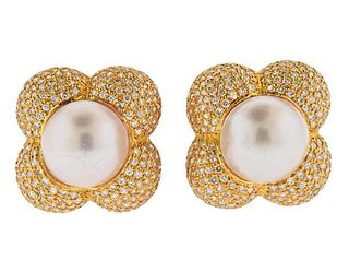 18K Gold Diamond Mabe Pearl Large Earrings
