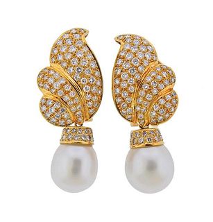 18k Gold 5.30ctw Diamond South Sea Pearl Earrings 