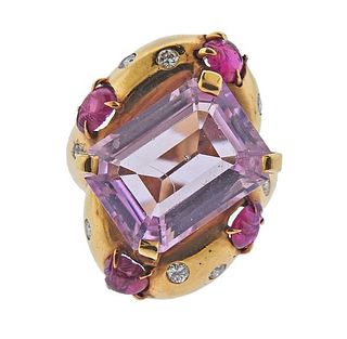 14k Gold Pink Gemstone Ruby Diamond Ring 
