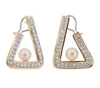 14k Gold Diamond Pearl Geometric Earrings 