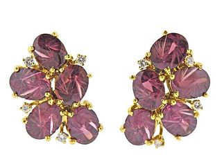 14K Gold Diamond Rhodolite Garnet Earrings