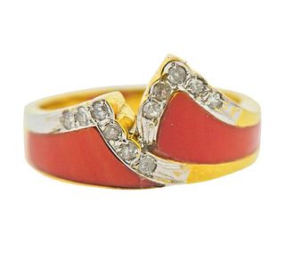 14K Gold Diamond Coral Ring