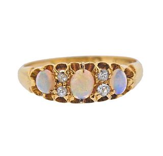 Antique English 18k Gold Diamond Opal Ring 