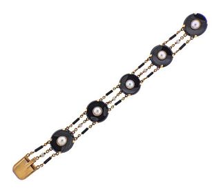 Art Deco 14k Gold Onyx Pearl Bracelet 