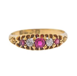 Antique English 18k Gold Ruby Diamond Ring 