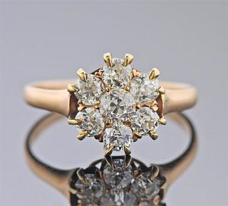 Antique 14k Gold Old Mine Diamond Flower Ring 