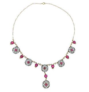 Antique 14k Gold Pink Stone Pearl Enamel Necklace 