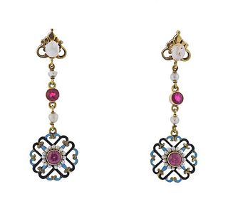 Antique 14k Gold Enamel Pink Stone Pearl Earrings 
