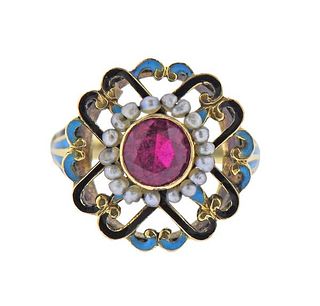 Antique 14k Gold Enamel Pink Stone Pearl Ring 