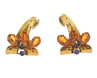 Retro 14k Gold Citrine Sapphire Earrings 