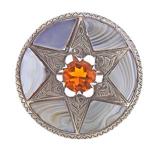 Antique Scottish Agate Silver Citrine Brooch Pin 