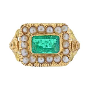 Antique English 18k Gold Pearl Emerald Ring 