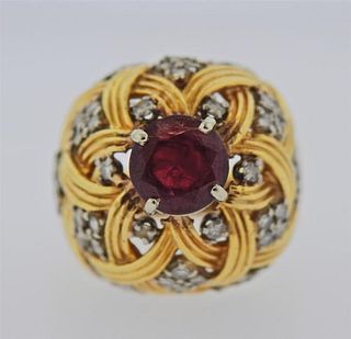 1960s 18k Gold Diamond Ruby Cocktail Ring 