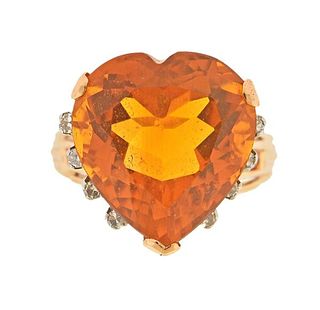 Mid Century 14K Gold Diamond Heart Citrine Ring