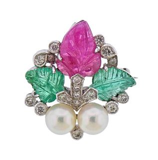 14K Gold Diamond Carved Ruby Emerald Pearl Brooch Pendant