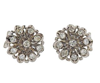 Mid Century 18K Gold Diamond Floral Earrings 