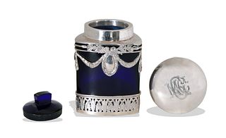 Hanau Coin Silver and Cobalt Glass Jar by F. Henzler