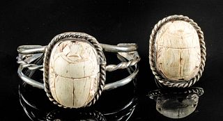 Egyptian Stone Scarabs in Silver Bracelet & Ring