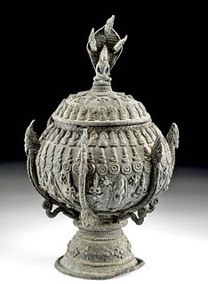 19th C. Thai Brass Lidded Vessel w/ Buddhas and Nagas
