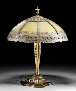 Antique American Brass & Slag Glass Lamp