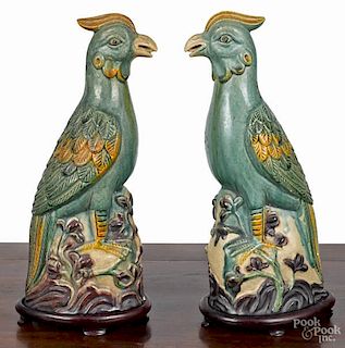 Pair of Chinese Sancai glaze pottery birds, 19th